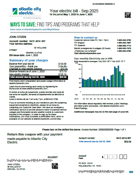 download USA Atlantic City Electric utility bill template in Word and PDF formats, version 2 PDF template